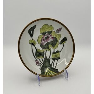 Vintage ACF Hand Decorated Porcelain Brass Rim‎ Plate Lotus Floral Japan Decor